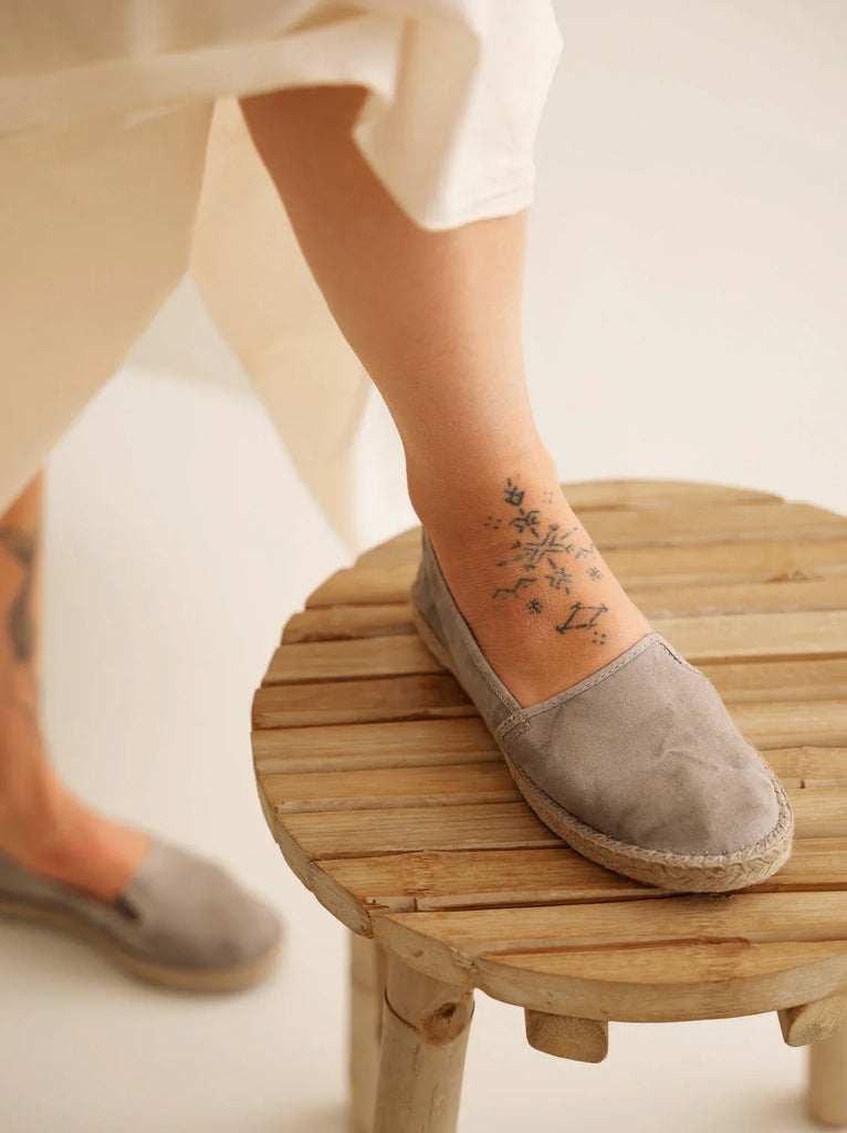 Old Merle Espadrilles — Grey suede espadrille on model, detail — MYFASHIONFRUIT