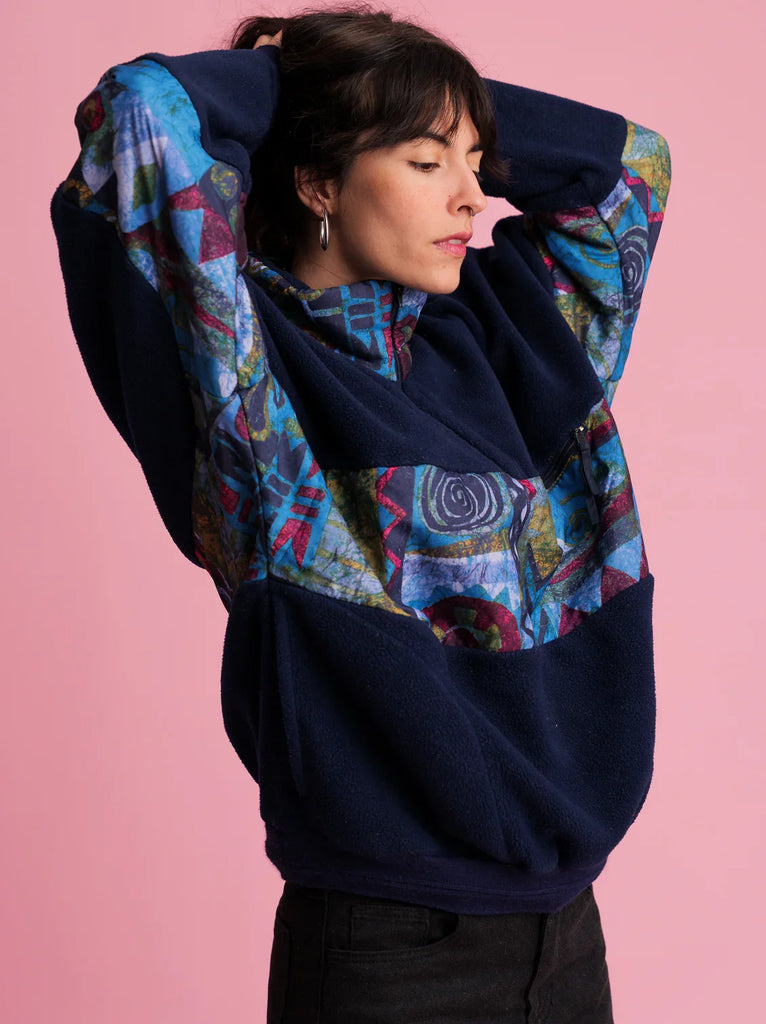 Vintage Half-zip Fleece — Navy fleece with colorful pattern on model — MYFASHIONFRUIT