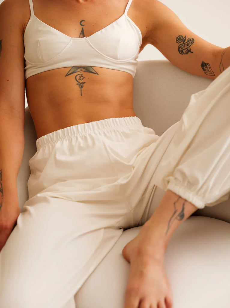 Goa Pants — Cream pants and bra on model — MYFASHIONFRUIT
