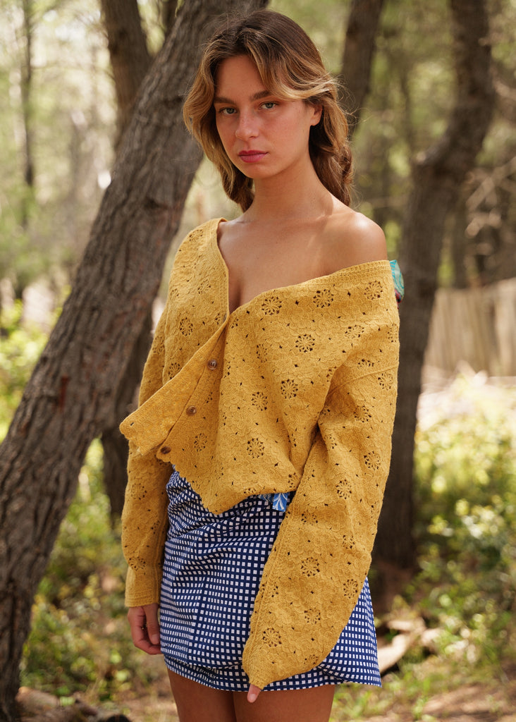 Meadow Cardi — Mustard yellow crochet cardigan on model — MYFASHIONFRUIT