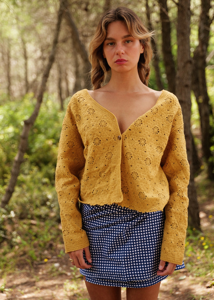 Meadow Cardi — Mustard yellow crochet cardigan on model — MYFASHIONFRUIT