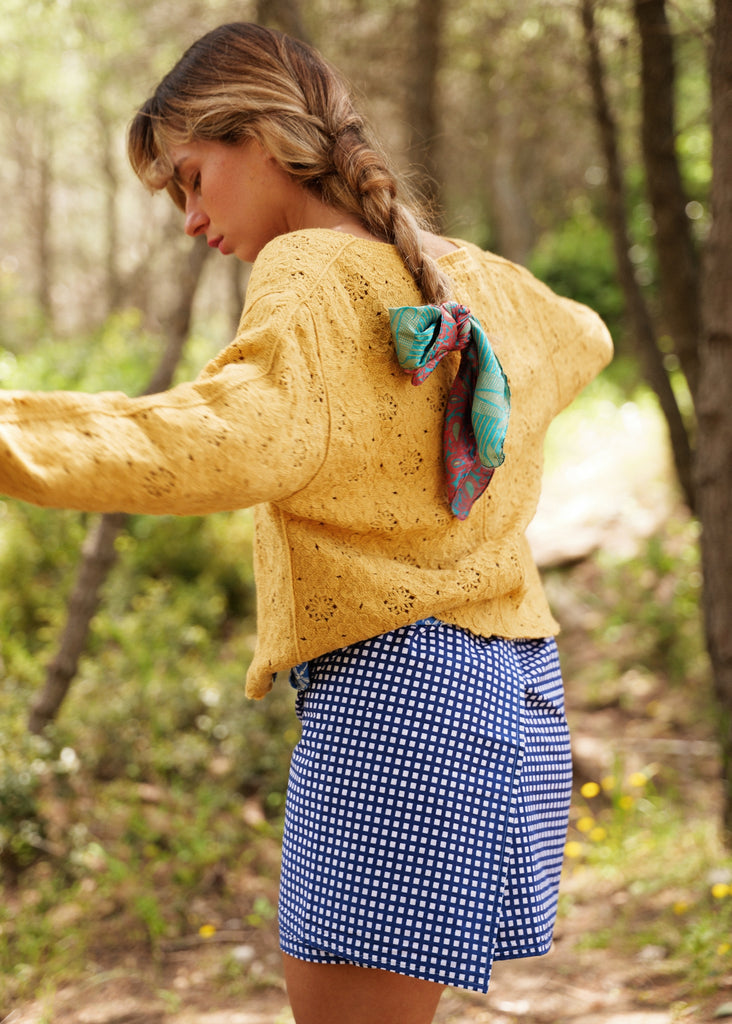 Meadow Cardi — Mustard yellow knit cardigan on model — MYFASHIONFRUIT
