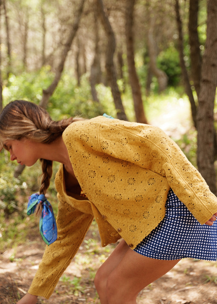 Meadow Cardi — Mustard yellow cardigan, floral detail, on model — MYFASHIONFRUIT