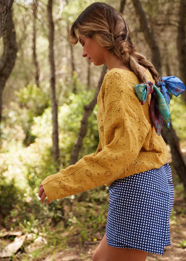 Meadow Cardi — Mustard yellow knit sweater, blue gingham shorts on model — MYFASHIONFRUIT