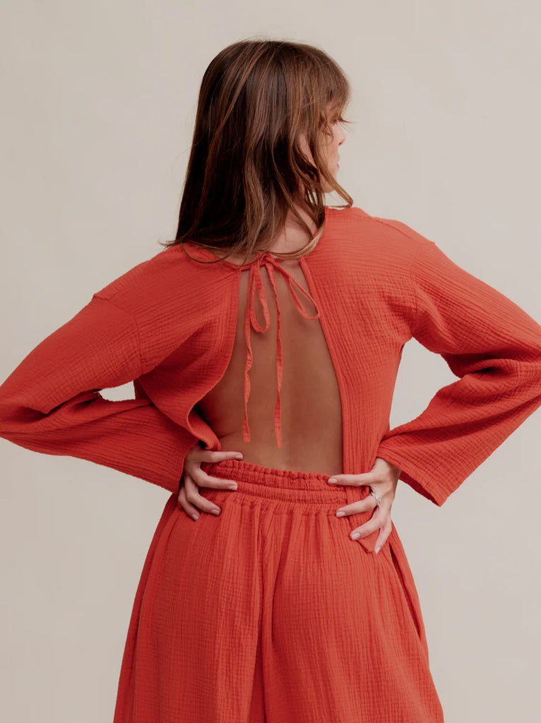 Siesta Top — Open-back orange top on model — MYFASHIONFRUIT
