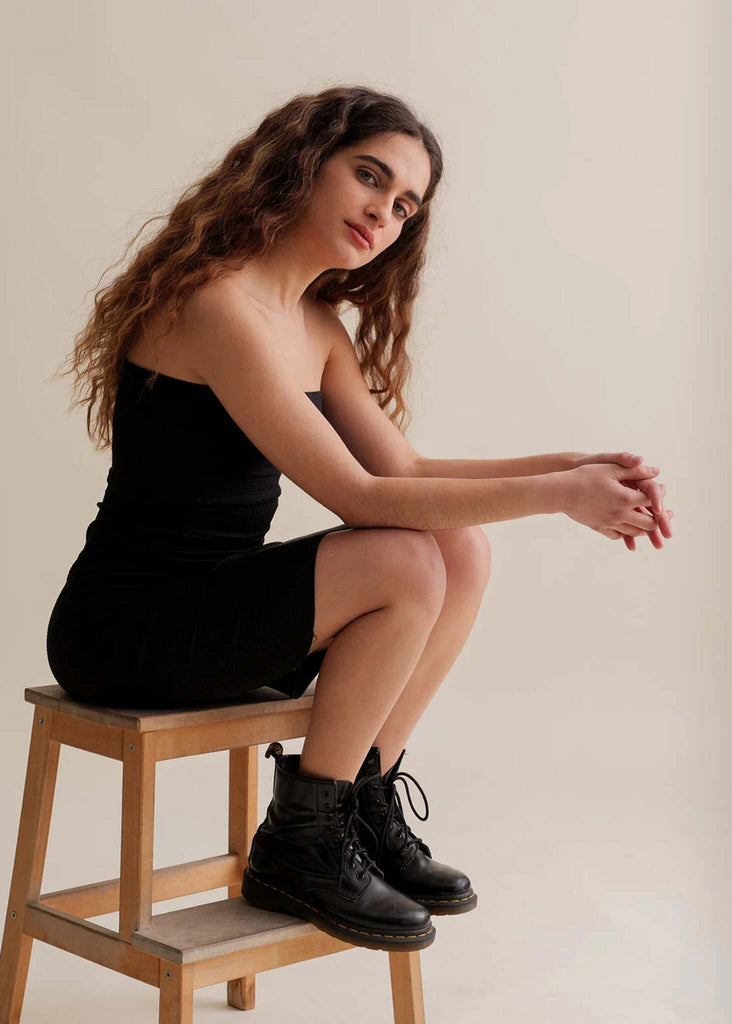 Leone Dress — Black ribbed strapless dress on model — MYFASHIONFRUIT