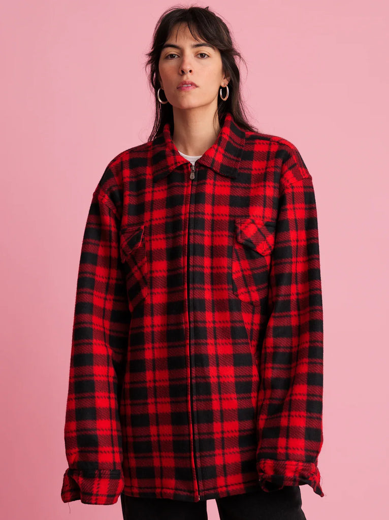 Vintage Fleece Zipper — Red and black plaid fleece on model — MYFASHIONFRUIT