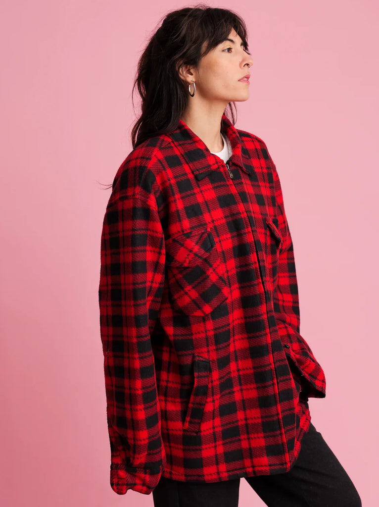 Vintage Fleece Zipper — Red and black plaid on model — MYFASHIONFRUIT
