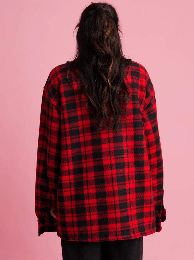 Vintage Fleece Zipper — Red & black plaid fleece on model, back view — MYFASHIONFRUIT