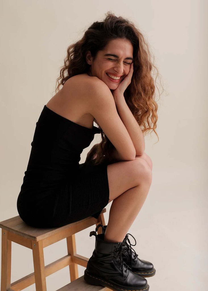 Leone Dress — black strapless dress on model — MYFASHIONFRUIT