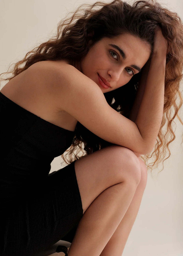 Leone Dress — Black ribbed strapless dress on model — MYFASHIONFRUIT
