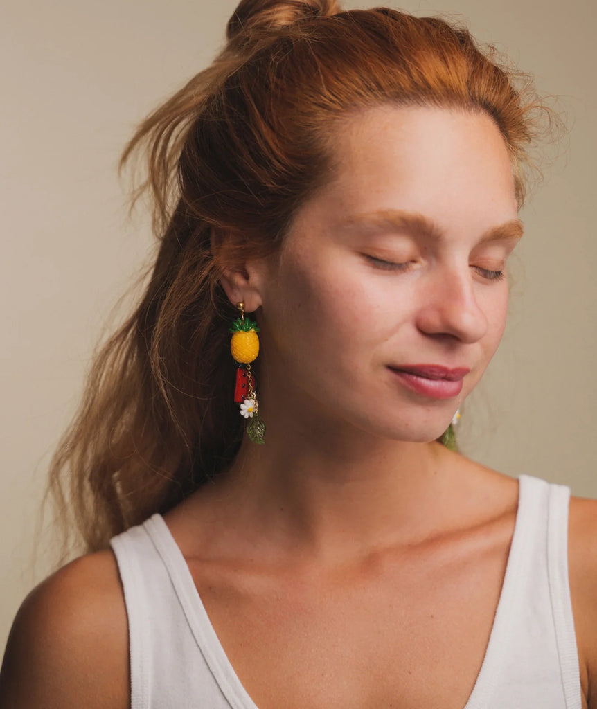 Fruit Salad Earrings — on model, pineapple and flower detail — MYFASHIONFRUIT
