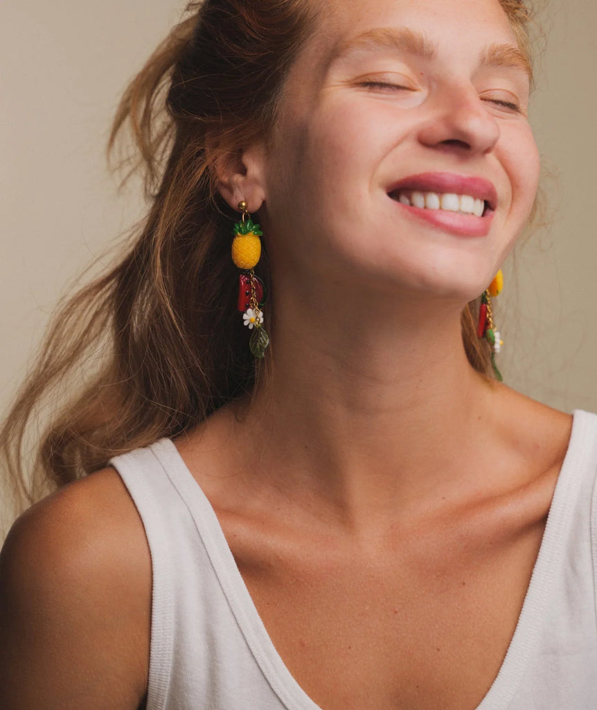 Fruit Salad Earrings — on model, colorful fruit & flower detail — MYFASHIONFRUIT