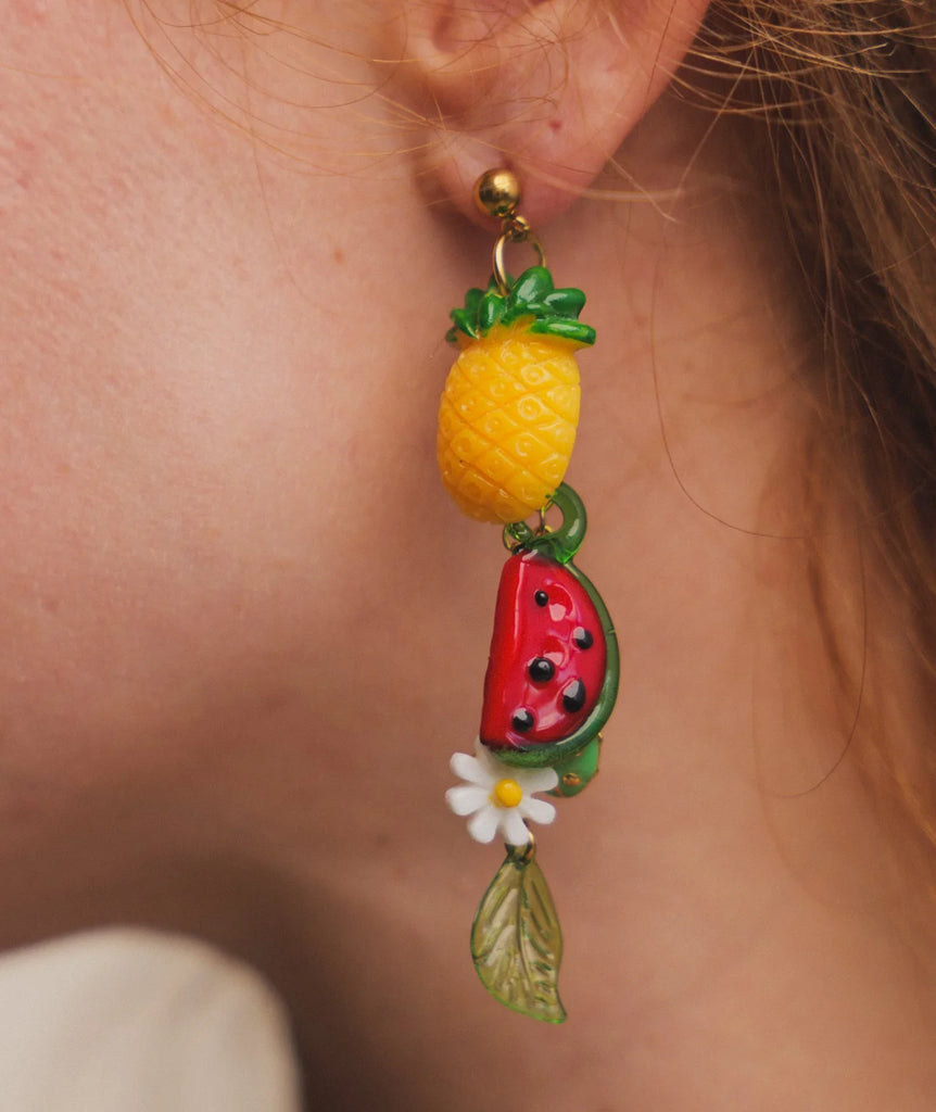 Fruit Salad Earrings — detail of fruit earrings on model — MYFASHIONFRUIT
