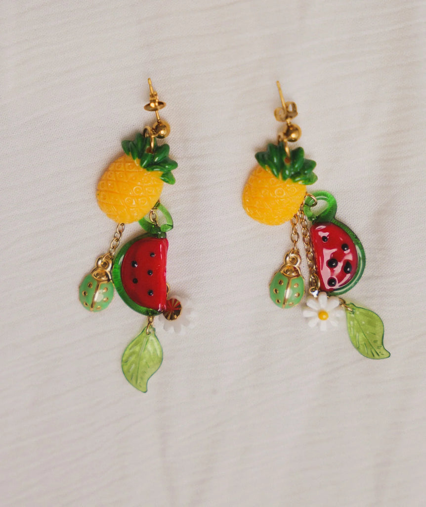 Fruit Salad Earrings — Pineapple, watermelon and leaves — MYFASHIONFRUIT