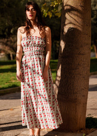 Polly Dress — Floral print strapless dress on model — MYFASHIONFRUIT