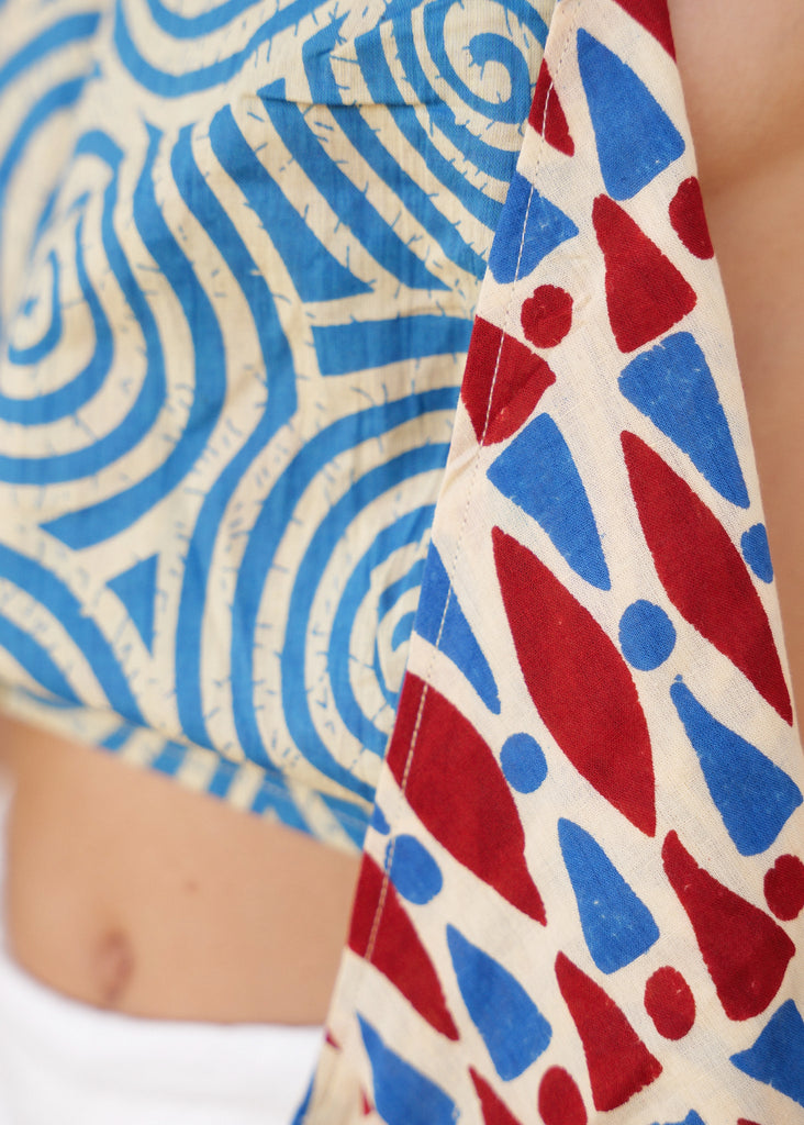Mehar Double-sided Top — detail of red, blue patterns  — MYFASHIONFRUIT