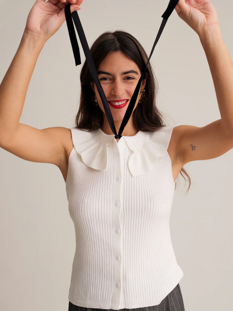 Marvina Top — White ribbed knit top with collar on model — MYFASHIONFRUIT