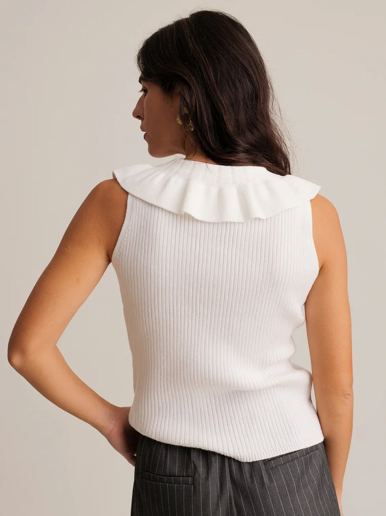 Marvina Top — White ribbed top with ruffle collar on model — MYFASHIONFRUIT