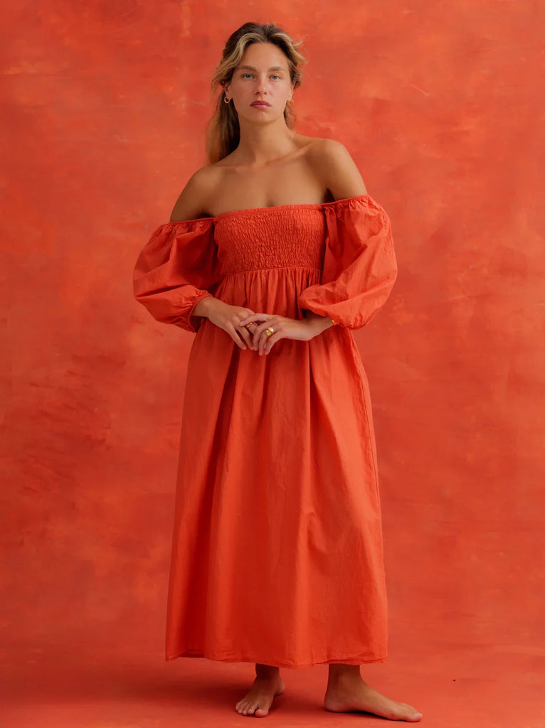 Paloma Dress — Orange off-shoulder maxi dress on model — MYFASHIONFRUIT