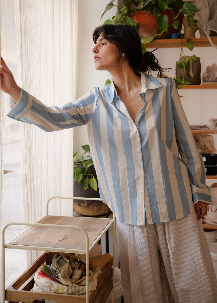 Kenya FeelGood Shirt — blue striped shirt on model — MYFASHIONFRUIT