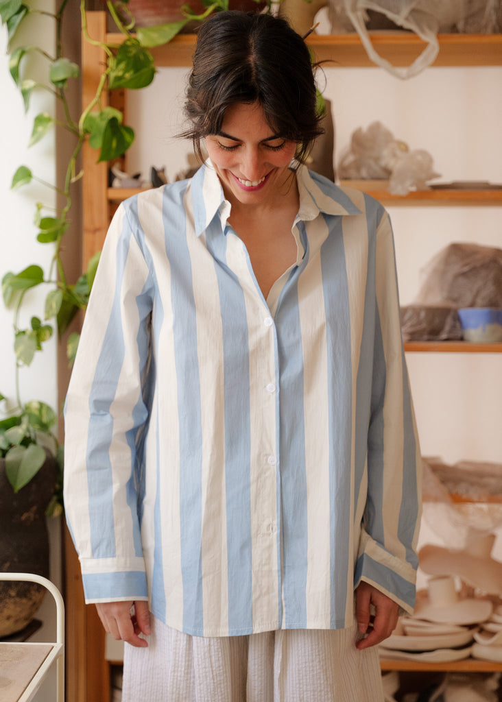 Kenya FeelGood Shirt — Blue & white stripes on model — MYFASHIONFRUIT