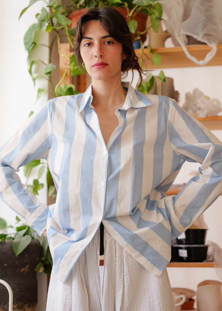 Kenya FeelGood Shirt — Blue and white striped shirt on model — MYFASHIONFRUIT