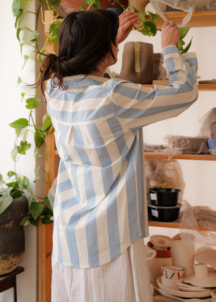 Kenya FeelGood Shirt — blue striped shirt on model — MYFASHIONFRUIT