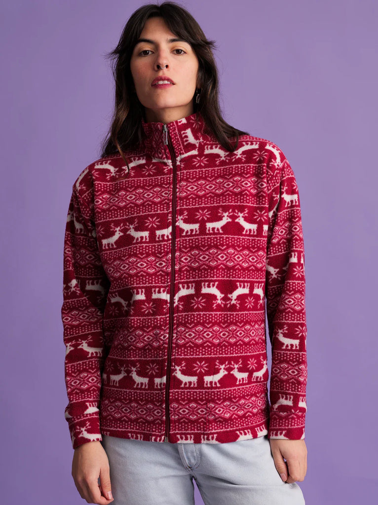 Vintage Fleece Zipper — Red reindeer print fleece on model — MYFASHIONFRUIT