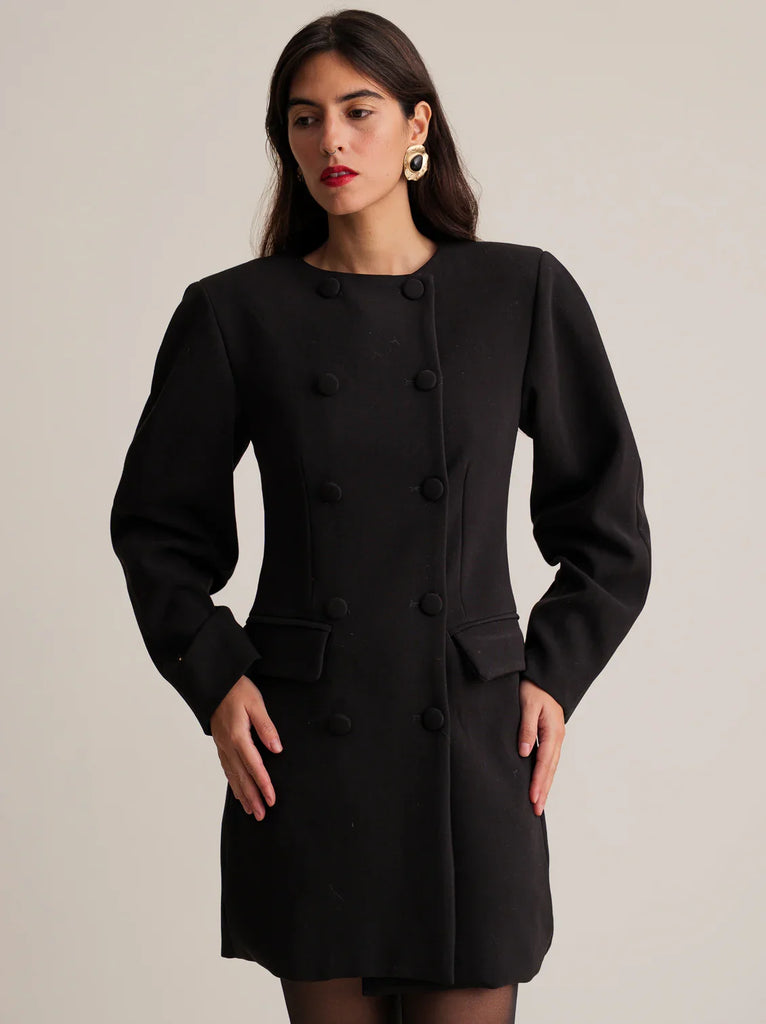 Jenn Blazer Dress — Black double-breasted blazer dress on model — MYFASHIONFRUIT