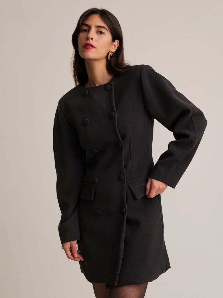 Jenn Blazer Dress — Black double-breasted blazer dress on model — MYFASHIONFRUIT