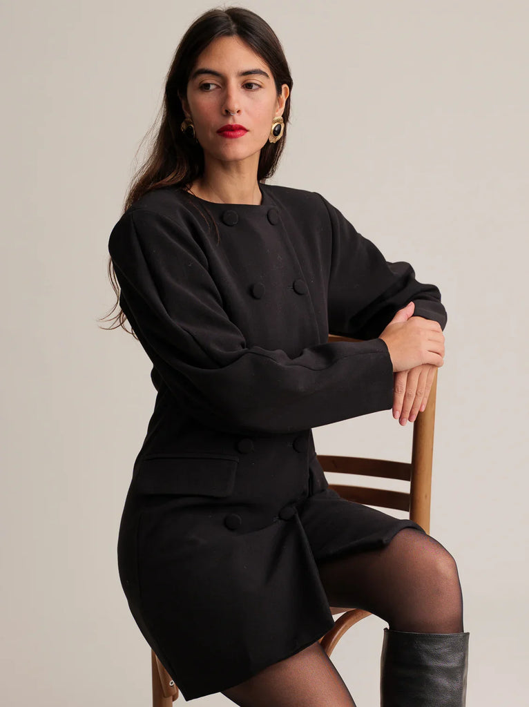 Jenn Blazer Dress — Black double-breasted dress on model — MYFASHIONFRUIT