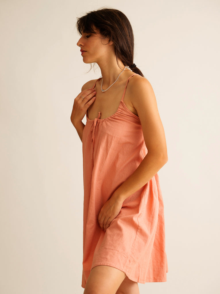 Mae Dress — Coral linen on model — MYFASHIONFRUIT
