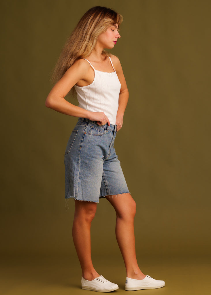 Victus Short Bermuda — Light wash denim shorts on model — MYFASHIONFRUIT