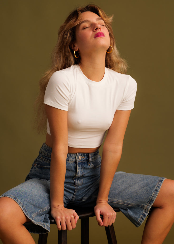 Ricki Bermuda — denim shorts on model, white top — MYFASHIONFRUIT