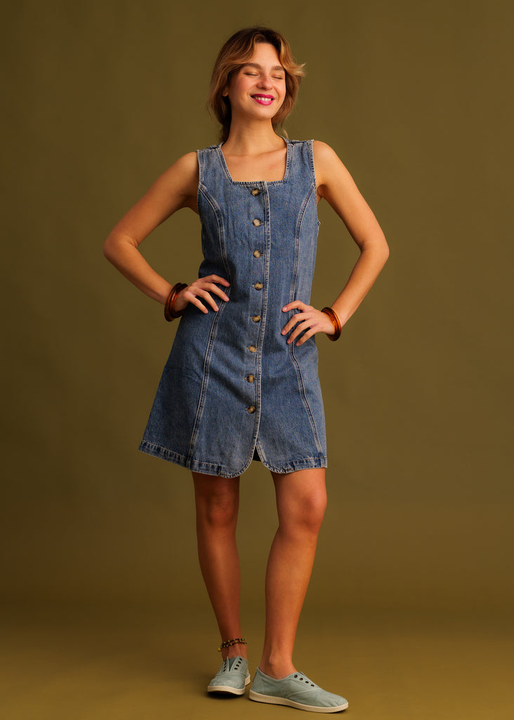 Romy Dress — Denim dress with buttons on model — MYFASHIONFRUIT