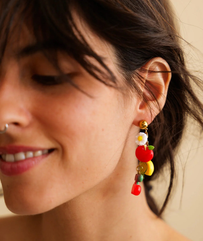 Sour Cherry Earrings — detail, fruit and flower earrings on model — MYFASHIONFRUIT