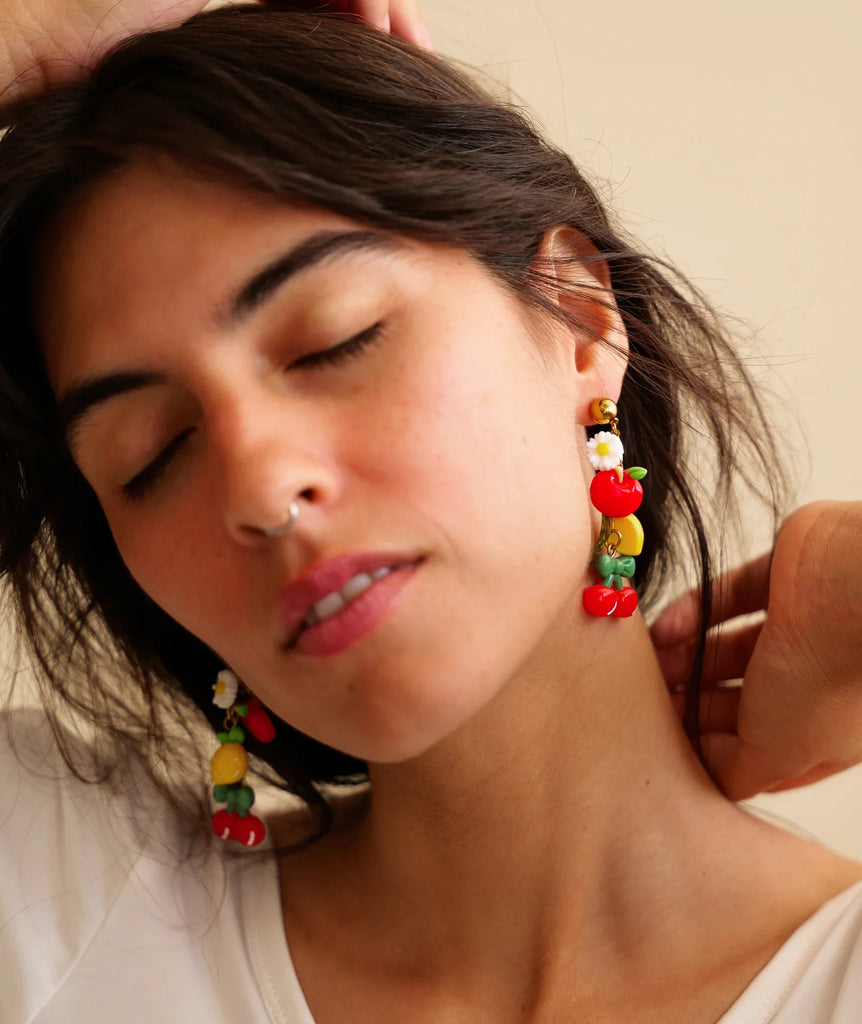 Sour Cherry Earrings — Fruits and daisy earrings on model — MYFASHIONFRUIT