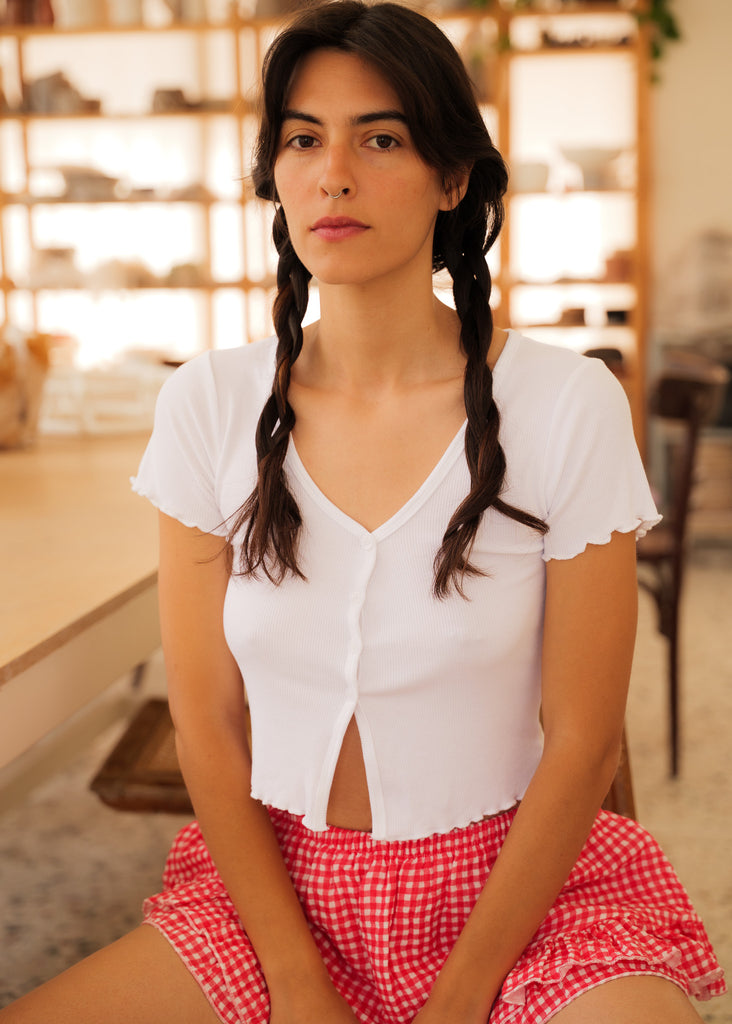 Sonya Top — Model in white top and red gingham shorts — MYFASHIONFRUIT