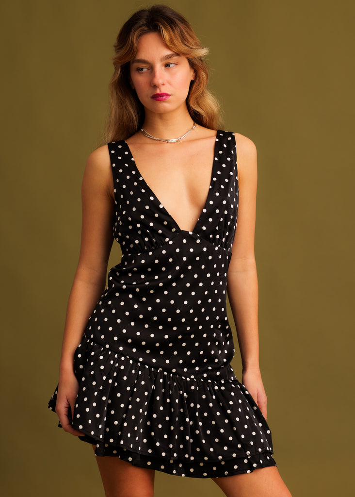 Minna Dress — Black polka dot dress on model — MYFASHIONFRUIT