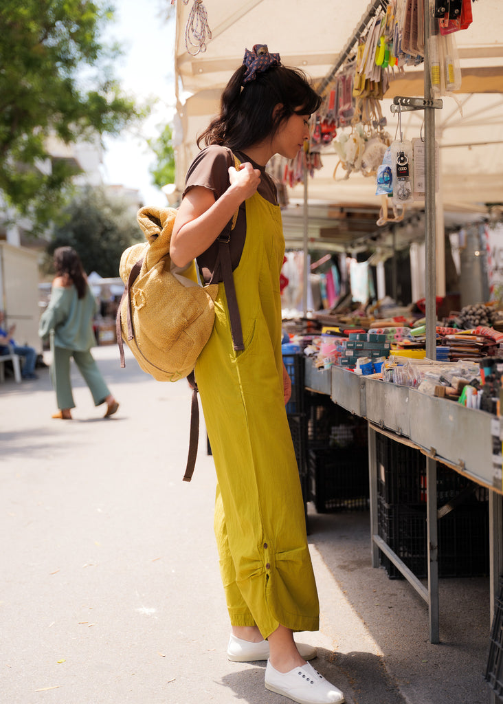 Mayaa Dungarees — Chartreuse on model, side view — MYFASHIONFRUIT