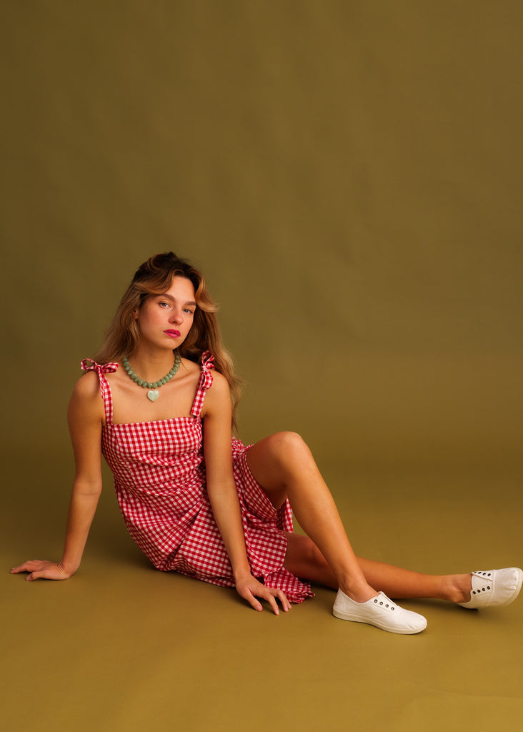 Carrie Dress — Red gingham dress on model — MYFASHIONFRUIT