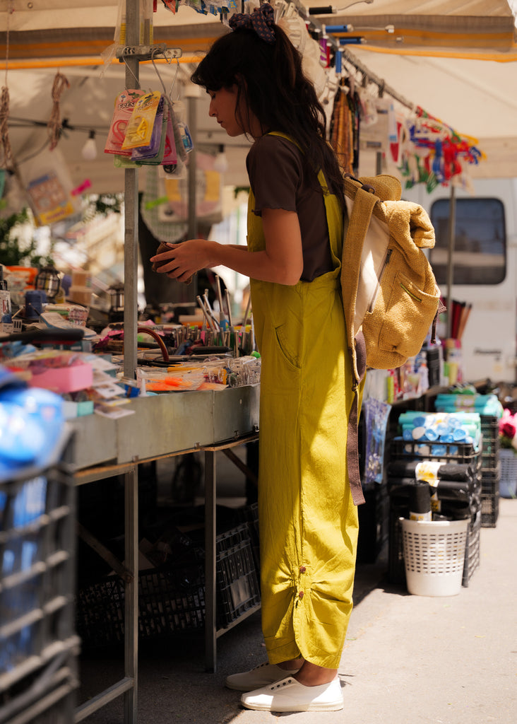 Mayaa Dungarees — Yellow linen on model — MYFASHIONFRUIT