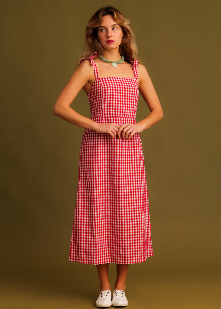 Carrie Dress — Red gingham dress with tie straps on model — MYFASHIONFRUIT
