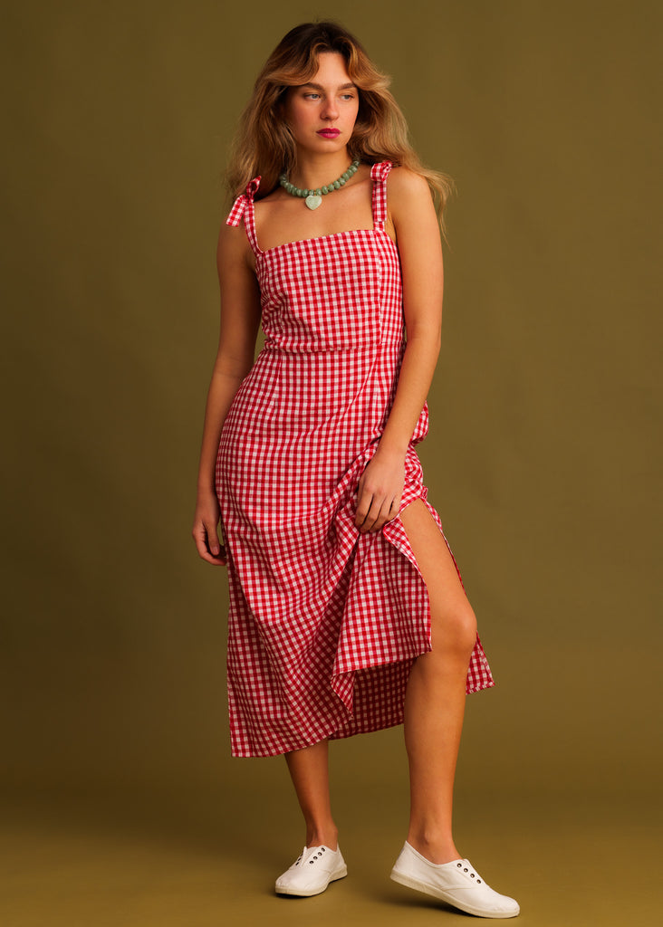 Carrie Dress — Red gingham dress on model — MYFASHIONFRUIT