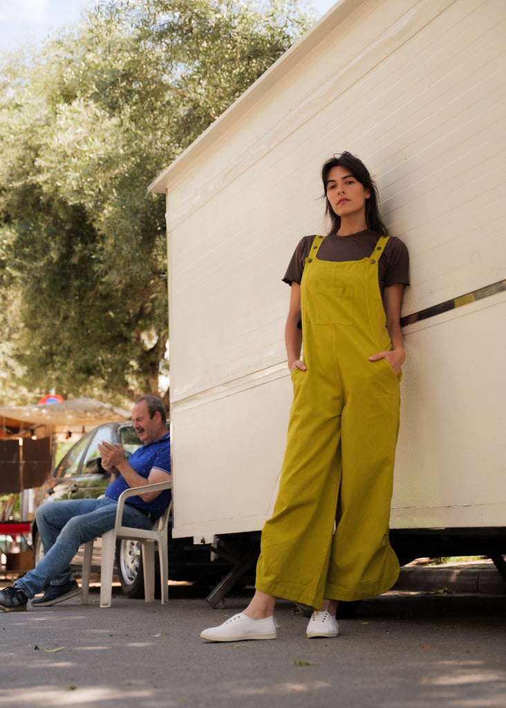 Mayaa Dungarees — Green wide leg overalls on model — MYFASHIONFRUIT