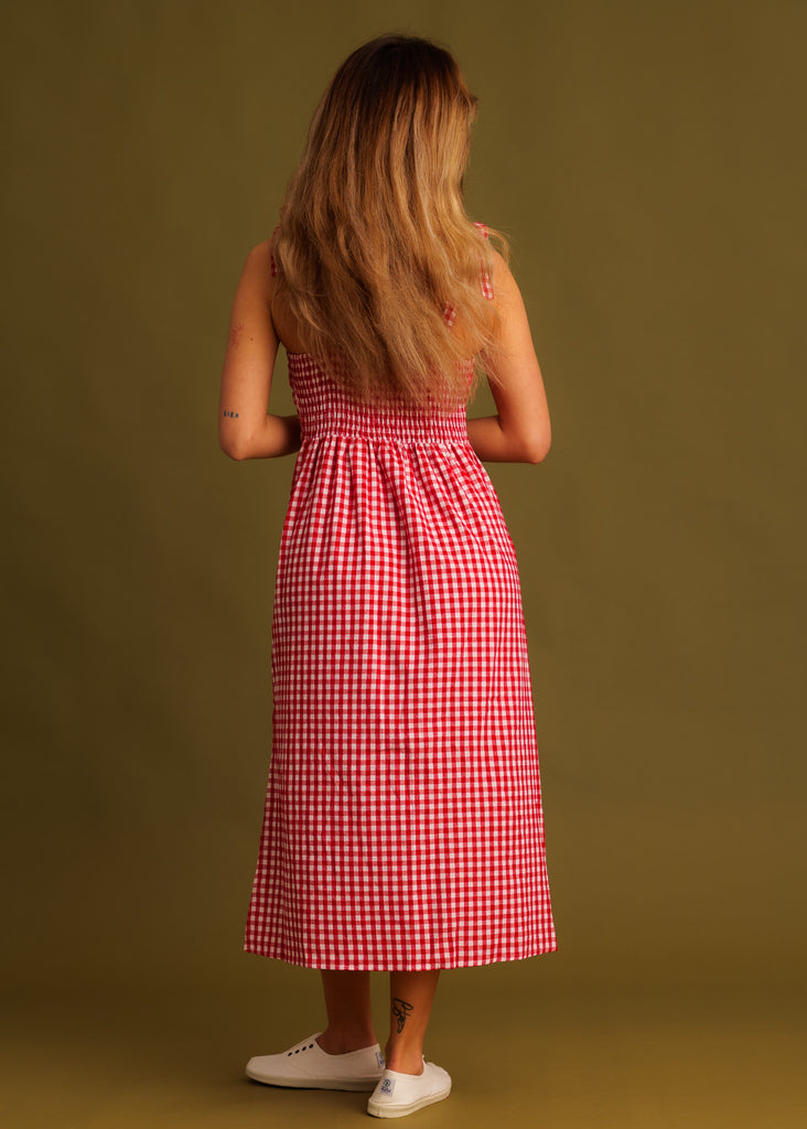 Carrie Dress — Red gingham on model, back view — MYFASHIONFRUIT
