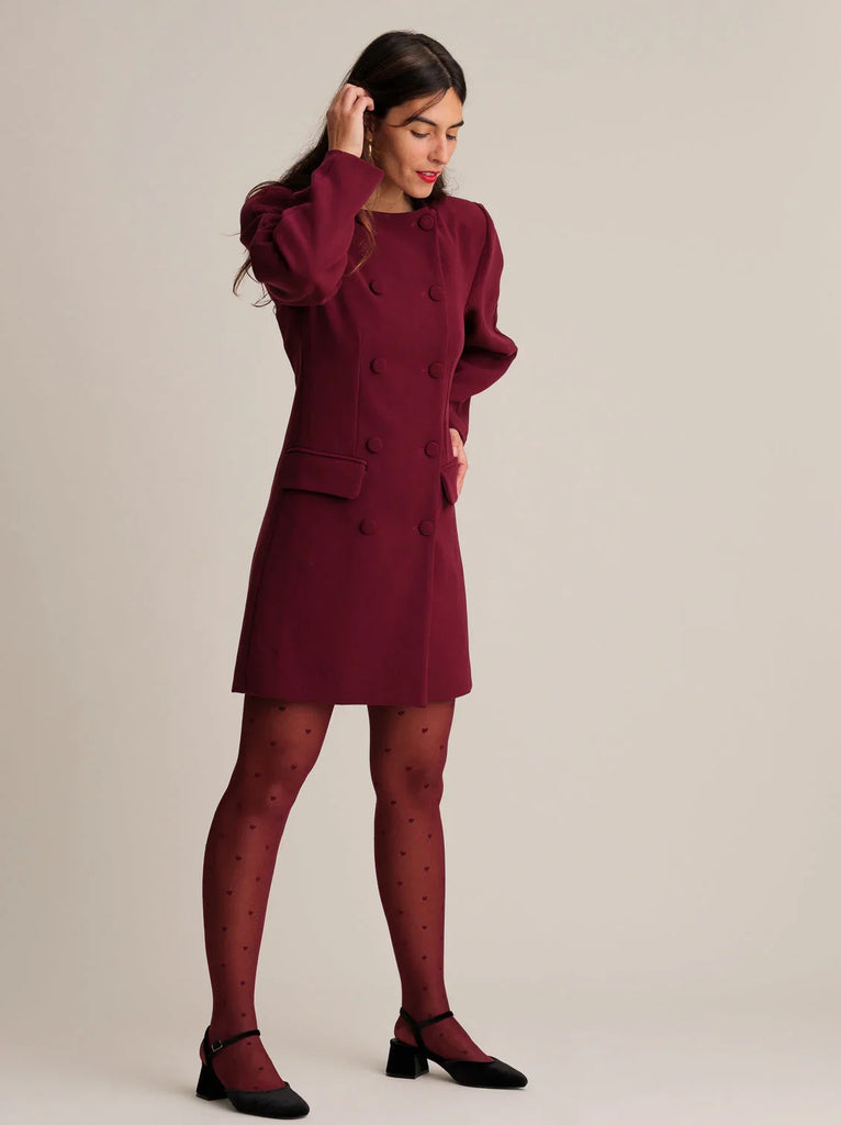 Jenn Blazer Dress — Burgundy, double-breasted on model — MYFASHIONFRUIT