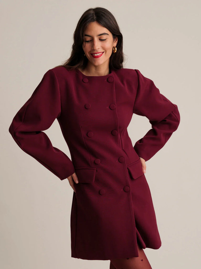 Jenn Blazer Dress — maroon, double-breasted on model — MYFASHIONFRUIT