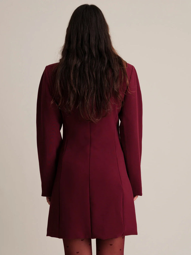 Jenn Blazer Dress — Burgundy dress on model, back view — MYFASHIONFRUIT